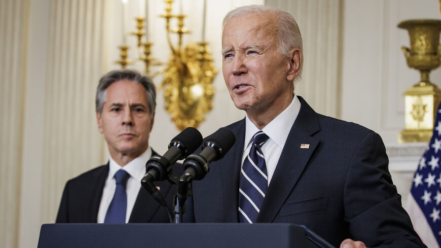 WASHINGTON, DC - OCTOBER 7: President Joe Biden speaks on the terrorist attacks in Israel alongside Secretary of State Antony Blinken from the State Dining Room at the White House on October 7, 2023 in Washington, DC. The White House has said that senior national security officials have briefed the President on the attacks on Israel that were carried out by Hamas overnight and White House officials remain in close contact with their counterparts in Israel. (Photo by Samuel Corum/Getty Images)